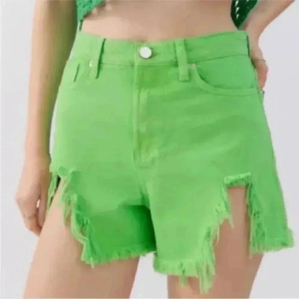 NWT Urban Outfitters BDG A-line Shorts Bright Green Denim Chewed Hem Sz 26